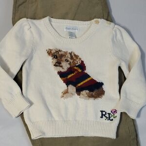Ralph Lauren Girls Cotton Wool Blend Intarsia Knit Puppy Logo Sweater EUC Sz 18m